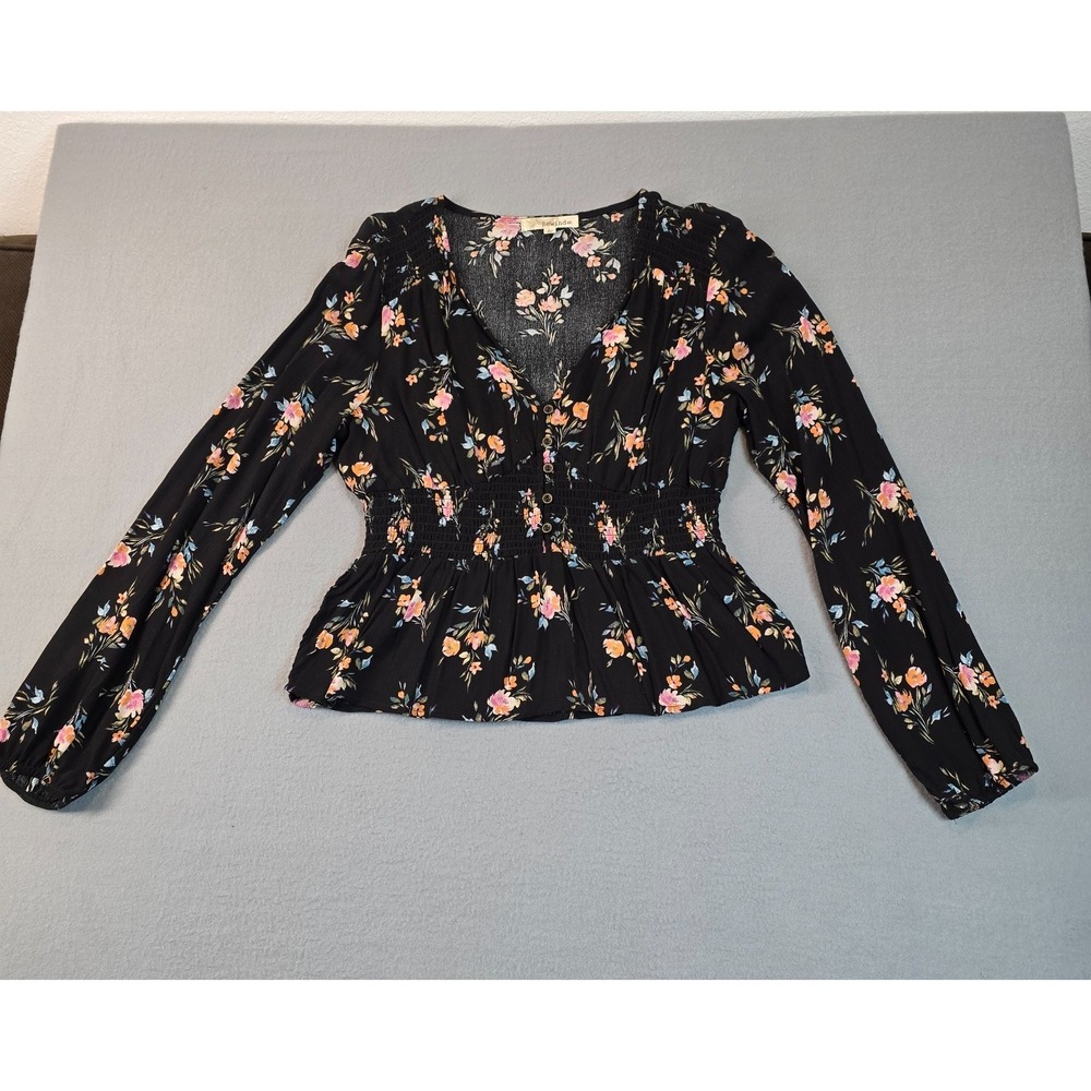 Rewind Floral Peplum Blouse Women's Large Black Boho Long Sleeve Smocked Top
